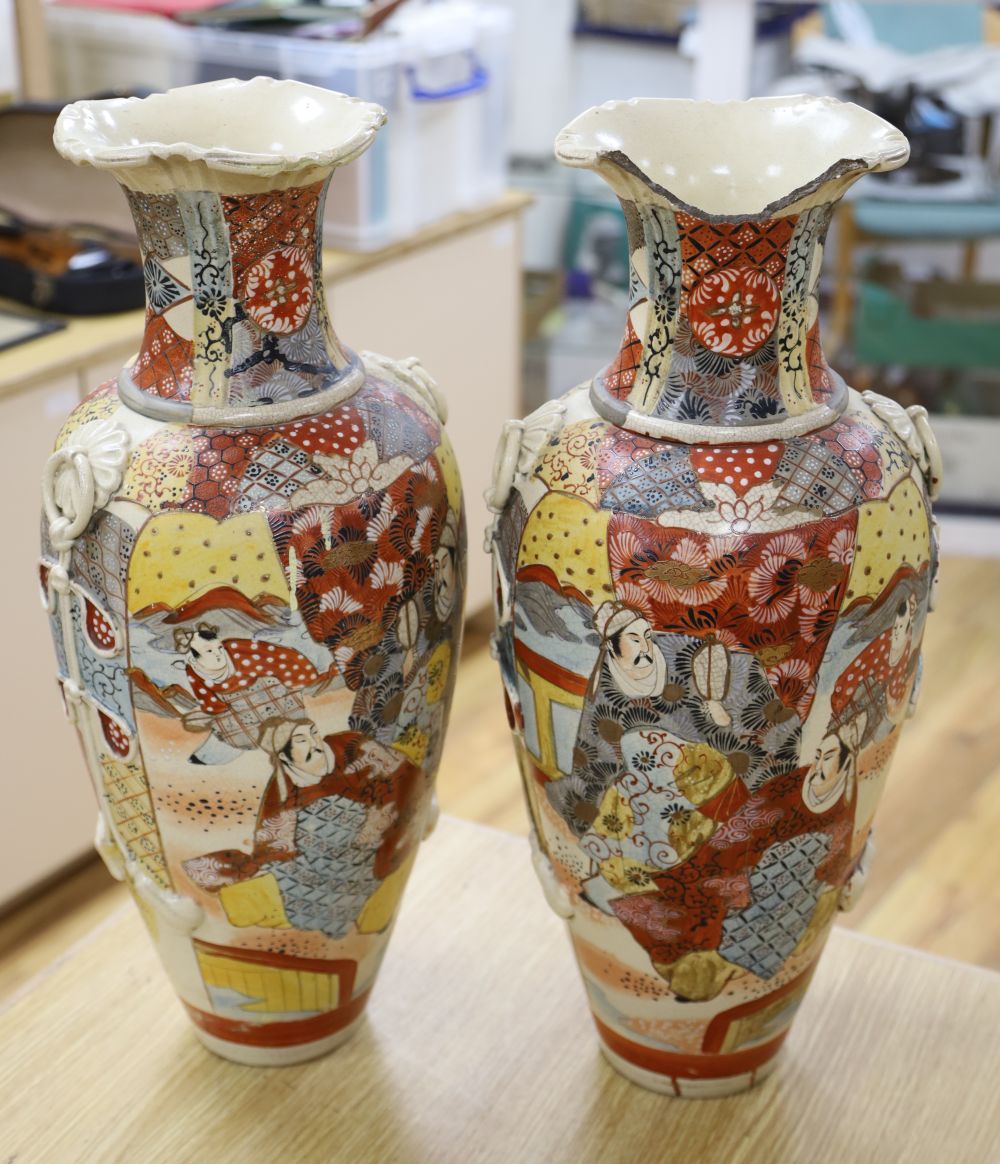 A pair of 19th century Satsuma vases, brocaded with figures, height 58cm (one a.f.)